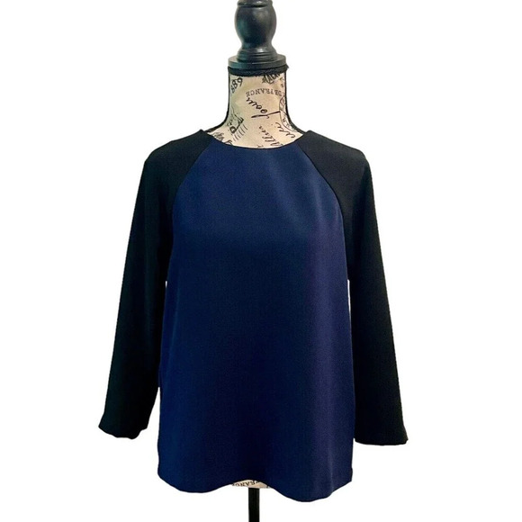 J crew womens crepe baseball blouse 3/4 Crepe sleeve size 2 Navy Black 03954 - Picture 1 of 10